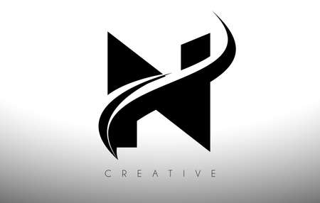 N Swoosh Letter Cut Logo Design with Black Swoosh and Creative Icon Logo Vector Illustration. Curved Swoosh Letter Idea.のイラスト素材