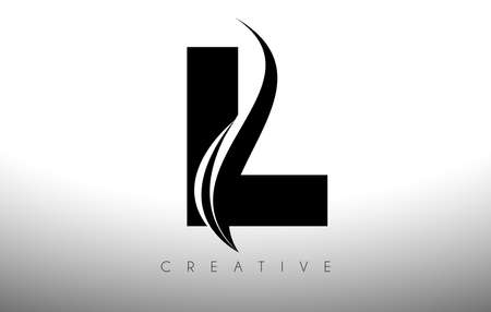 L Swoosh Letter Cut Logo Design with Black Swoosh and Creative Icon Logo Vector Illustration. Curved Swoosh Letter Idea.のイラスト素材