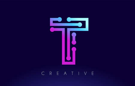 T Tech Letter logo Concept with Connected Technology Dots and Lines in Blue Purple Colors Vector Designのイラスト素材