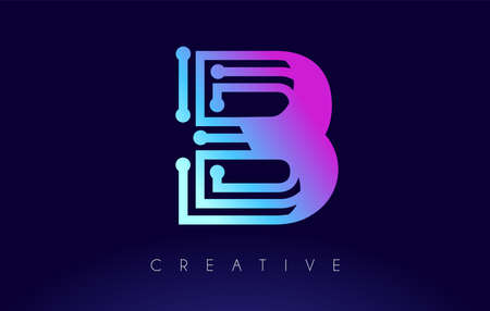 B Tech Letter logo Concept with Connected Technology Dots and Lines in Blue Purple Colors Vector Designのイラスト素材