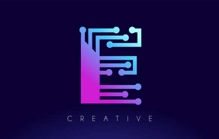 E Tech Letter logo Concept with Connected Technology Dots and Lines in Blue Purple Colors Vector Designのイラスト素材