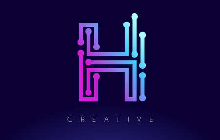 H Tech Letter logo Concept with Connected Technology Dots and Lines in Blue Purple Colors Vector Designのイラスト素材