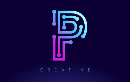 P Tech Letter logo Concept with Connected Technology Dots and Lines in Blue Purple Colors Vector Designのイラスト素材