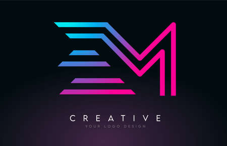 Monogram Lines EM E M Letter Logo Design in Neon Colors. Creative Modern Letters Vector Icon Logo Illustration.のイラスト素材