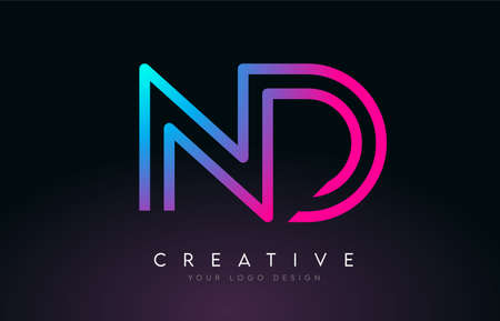 Monogram Lines ND N D Letter Logo Design in Neon Colors. Creative Modern Letters Vector Icon Logo Illustration.のイラスト素材