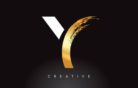 Golden Y Letter Logo with Brush Stroke Artistic Look on Black Background Vector Illustration.のイラスト素材