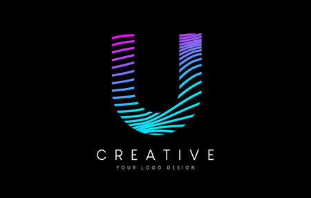 Warp Zebra Lines Letter U logo Design with Neon Purple Lines and Creative Icon Vector. Relief Lines Letter Logo Illustration.のイラスト素材