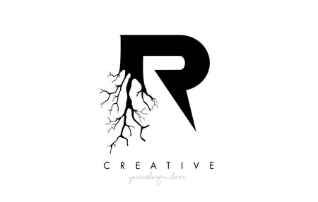Letter R Design Logo with Creative Tree Branch. R Letter Tree Icon Logo  Vector Illustration.のイラスト素材
