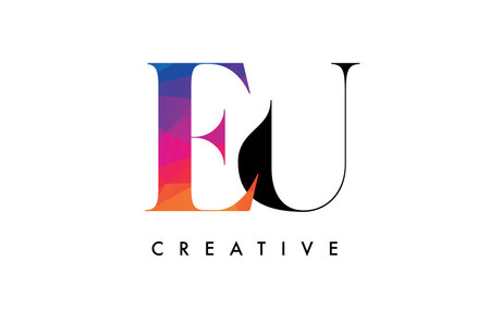 EU Letter Design with Creative Cut and Colorful Rainbow Texture. EU Letter Icon Vector Logo with Serif Font and Minimalist Style.のイラスト素材