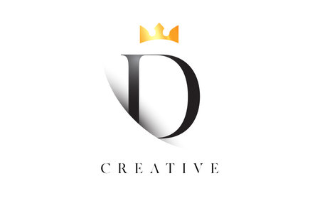 D Letter Logo Design with Golden Luxury Royal Crown Icon and Shadow Letter Vector. Serif Font d Logo Elegant Minimalist Design.のイラスト素材
