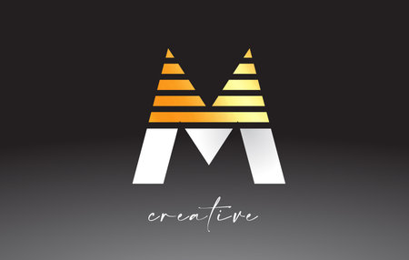 Golden Lines Letter M Logo Design with Creative Lines Cut on half of The Letter in Black and White Colors Vector.のイラスト素材