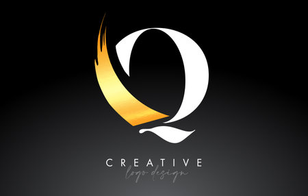 Golden Brush Letter Q Logo Design with Creative Artistic Paint Brush Stroke and Modern Look Vectorのイラスト素材