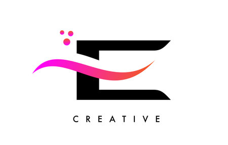 E Letter Logo Design with Elegant Creative Swoosh and Dots Vector. Modern Trendy E letter icon with Curved line cut and minimalist Look Vector Illustration.のイラスト素材