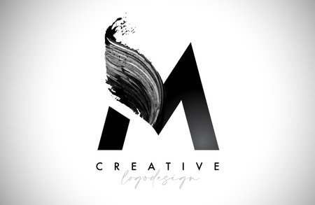 Letter M Logo Brush Stroke with Artistic Watercolor Paint Brush Icon Vector Design. Modern Elegant Minimalist Stroke Letter M Shape Symbol with Paint Style Swoosh.のイラスト素材
