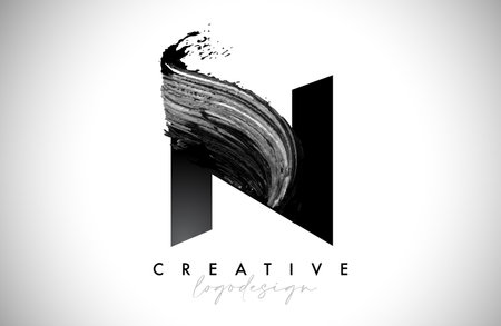 Letter N Logo Brush Stroke with Artistic Watercolor Paint Brush Icon Vector Design. Modern Elegant Minimalist Stroke Letter N Shape Symbol with Paint Style Swoosh.のイラスト素材