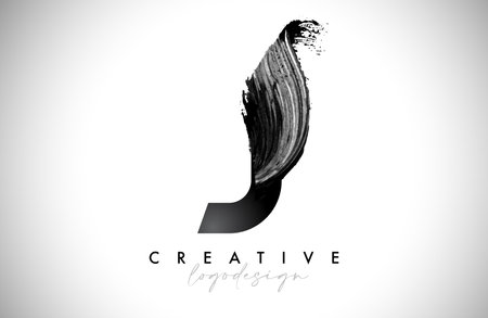 Letter J Logo Brush Stroke with Artistic Watercolor Paint Brush Icon Vector Design. Modern Elegant Minimalist Stroke Letter J Shape Symbol with Paint Style Swoosh.のイラスト素材
