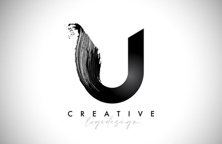 Letter U Logo Brush Stroke with Artistic Watercolor Paint Brush Icon Vector Design. Modern Elegant Minimalist Stroke Letter U Shape Symbol with Paint Style Swoosh.のイラスト素材