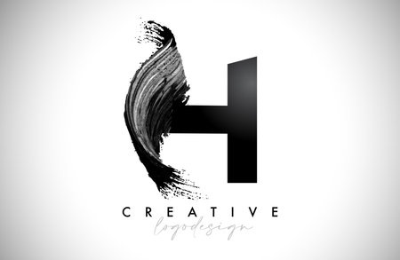 Letter H Logo Brush Stroke with Artistic Watercolor Paint Brush Icon Vector Design. Modern Elegant Minimalist Stroke Letter H Shape Symbol with Paint Style Swoosh.のイラスト素材