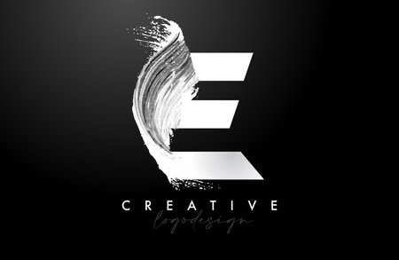 White Letter E Logo Brush Stroke with Artistic Watercolor Paint Brush Icon Vector Design. Modern Elegant Minimalist Stroke Letter E Shape Symbol with Paint Style Swoosh.のイラスト素材