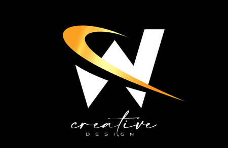 W Letter Logo Design with Creative Golden Swoosh. Letter w Initial icon with curved shape vector illustration.のイラスト素材