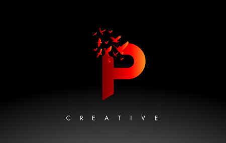 Red P Logo Letter with Flying Flock of Birds Disintegrating from the Letter. Bird Fly Letter Icon.のイラスト素材