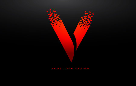 V Initial Letter Logo Design with Digital Pixels in Red Colors.のイラスト素材