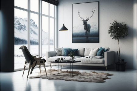 Living Room Interior Design Idea with Nordic Elements and clean Minimalist Design. Beautiful Modern Living room space. Ai generatedの写真素材