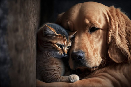 Love between a cat and a dog, Cat loving a dog, Dog and cat friends concept. Cat and dogs hugging....