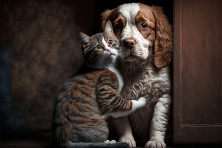 Love between a cat and a dog, Cat loving a dog, Dog and cat friends concept. Cat and dogs hugging....