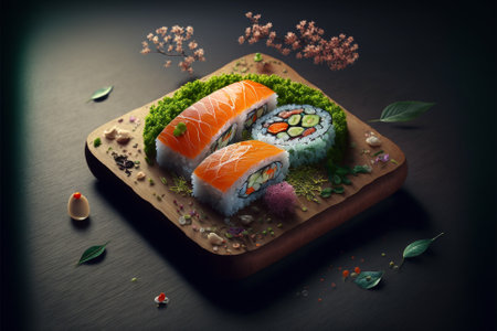 Fresh Beautiful Sushi Setup with Traditional ingredients.Creative Japanese Sushi Plate setup.Ai generatedの写真素材