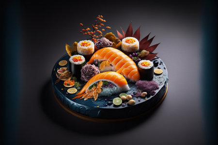 Fresh Beautiful Sushi Setup with Traditional ingredients.Creative Japanese Sushi Plate setup.Ai generatedの写真素材