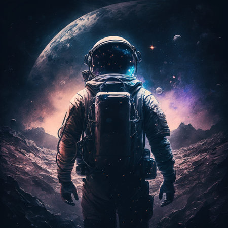 A stunning illustration of an astronaut in a suit exploring the depths of space, surrounded by magnificent nebula clouds and breathtaking deep space imagery. Ai generatedの写真素材