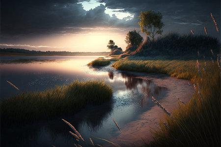 Dramatic Landscape Illustration with cloudy skies and beautiful sunset nature illustration. Cinematic dramatic nature scenery. Ai generatedの写真素材