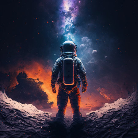 A stunning illustration of an astronaut in a suit exploring the depths of space, surrounded by magnificent nebula clouds and breathtaking deep space imagery. Ai generatedの写真素材