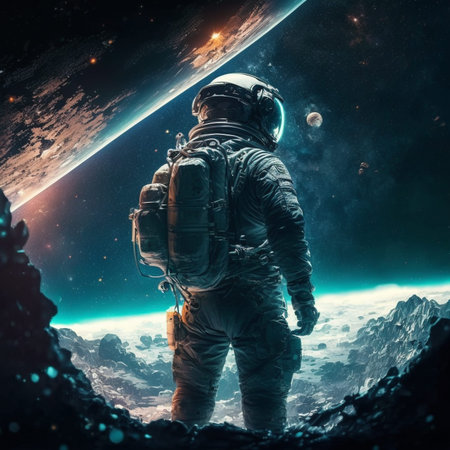 A stunning illustration of an astronaut in a suit exploring the depths of space, surrounded by...