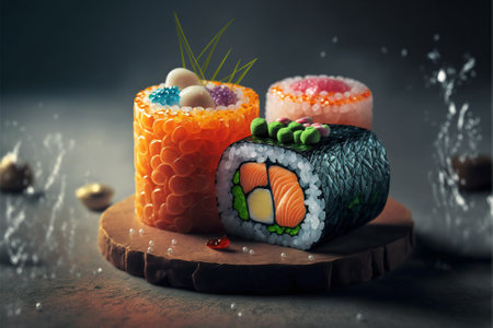 Fresh Beautiful Sushi Setup with Traditional ingredients.Creative Japanese Sushi Plate setup.Ai generatedの写真素材