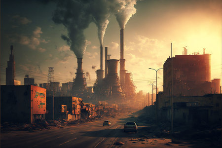 Polluted City with smoke. Environmental disaster scene. City full of pollutions. Ai generatedの写真素材