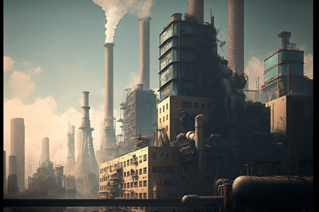 Polluted City with smoke. Environmental disaster scene. City full of pollutions. Ai generatedの写真素材