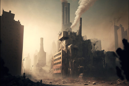 Polluted City with smoke. Environmental disaster scene. City full of pollutions. Ai generatedの写真素材