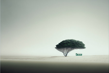Minimalist Serene and peaceful Landscape illustration with calm tranquil atmosphere.Artistic minimalistic landscape for print. Ai generatedの写真素材
