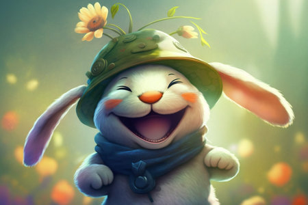 The Spring Bunny, baby rabbit with a big smile, wearing a hat in a spring setup, representing nature...