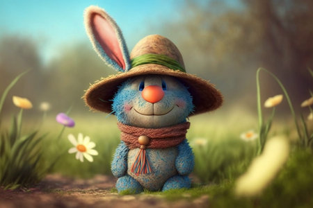 The Spring Bunny, baby rabbit with a big smile, wearing a hat in a spring setup, representing nature...