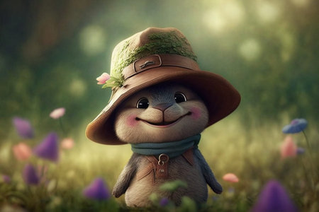 The Spring Bunny, baby rabbit with a big smile, wearing a hat in a spring setup, representing nature...
