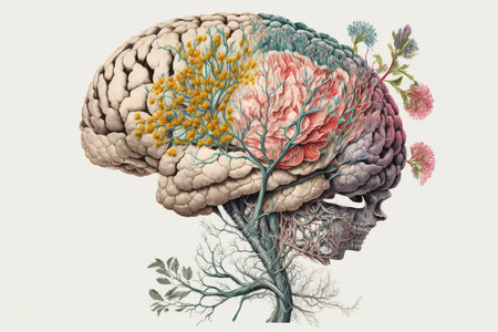illustration of a human brain transformed into a tree, with flowers growing from it, representing...