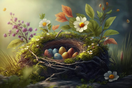 A beautiful illustration showcasing the arrival of spring with blooming flowers, lush vegetation,...