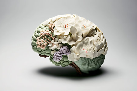 illustration of a human brain transformed into a tree, with flowers growing from it, representing...