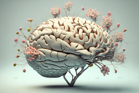 illustration of a human brain transformed into a tree, with flowers growing from it, representing...