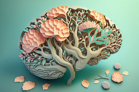 illustration of a human brain transformed into a tree, with flowers growing from it, representing...