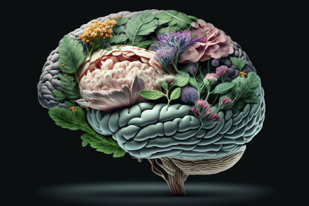 illustration of a human brain transformed into a tree, with flowers growing from it, representing the concept of self-care and mental health, and the idea of cultivating a positive, creative mind. Ai generatedの写真素材