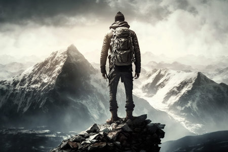 An illustration of a man standing on the summit of a mountain, symbolizing achievement, victory, and...